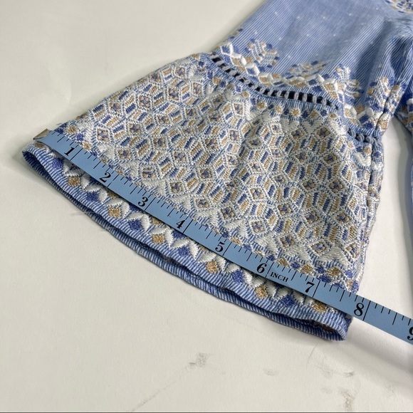 Rungolee Boho Blue Chambray Cottagecore Embroidered Bell Sleeve Tassel Dress - Picture 16 of 17